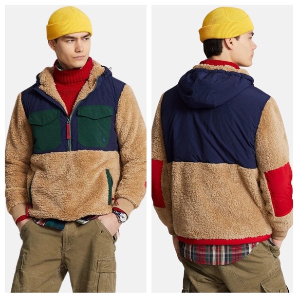 Polo Ralph Lauren Colorblock Pile Fleece Hybrid ½ Zip Pullover Jacket in Camel - Picture 2 of 12